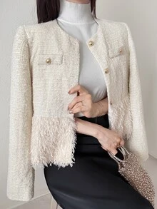 FRIFUL Women's Solid Color Long Sleeve Tassel Hem Elegant French Regular Fit Jacket Office High Tea Date Cream White Autumn Cute Tops - White - View 3