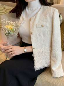 FRIFUL Women's Solid Color Long Sleeve Tassel Hem Elegant French Regular Fit Jacket Office High Tea Date Cream White Autumn Cute Tops - White - View 1