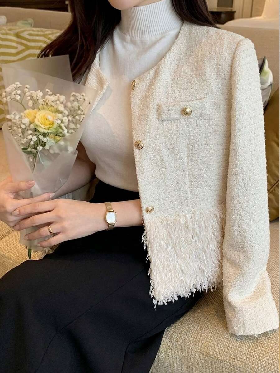 FRIFUL Women's Solid Color Long Sleeve Tassel Hem Elegant French Regular Fit Jacket Office High Tea Date Cream White Autumn Cute Tops - White - View 1