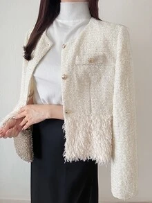 FRIFUL Women's Solid Color Long Sleeve Tassel Hem Elegant French Regular Fit Jacket Office High Tea Date Cream White Autumn Cute Tops - White - View 4