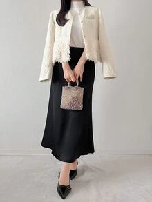 FRIFUL Women's Solid Color Long Sleeve Tassel Hem Elegant French Regular Fit Jacket Office High Tea Date Cream White Autumn Cute Tops - White - View 2