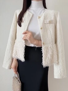 FRIFUL Women's Solid Color Long Sleeve Tassel Hem Elegant French Regular Fit Jacket Office High Tea Date Cream White Autumn Cute Tops - White - View 9