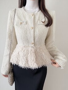 FRIFUL Women's Solid Color Long Sleeve Tassel Hem Elegant French Regular Fit Jacket Office High Tea Date Cream White Autumn Cute Tops - White - View 8