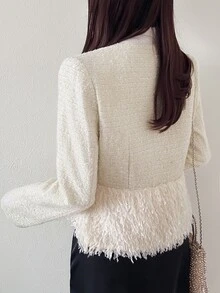 FRIFUL Women's Solid Color Long Sleeve Tassel Hem Elegant French Regular Fit Jacket Office High Tea Date Cream White Autumn Cute Tops - White - View 7