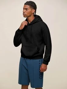 OTTIMOZO 男士休閒百搭純色連帽衛衣 - 黑色 - 查看 3