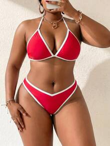 Swim Vcay Plus Size Women 2pcs Solid Color Sexy Contrast Color Two-Piece Bikini Set Set Beach White Summer - Red - View 10