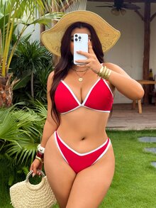 Swim Vcay Plus Size Women 2pcs Solid Color Sexy Contrast Color Two-Piece Bikini Set Set Beach White Summer - Red - View 7