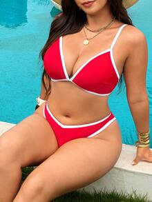 Swim Vcay Plus Size Women 2pcs Solid Color Sexy Contrast Color Two-Piece Bikini Set Set Beach White Summer - Red - View 8