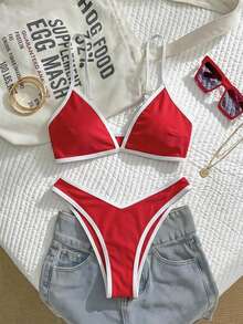 Swim Vcay Plus Size Women 2pcs Solid Color Sexy Contrast Color Two-Piece Bikini Set Set Beach White Summer - Red - View 3