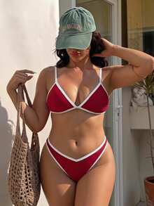 Swim Vcay Plus Size Women 2pcs Solid Color Sexy Contrast Color Two-Piece Bikini Set Set Beach White Summer - Red - View 2