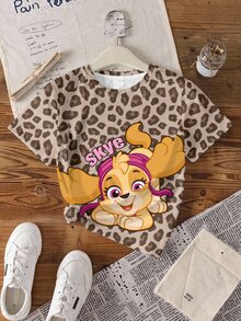 SHEIN | PAW Patrol Young Girl Letter & Leopard Print Short Sleeve Casual T-Shirt - White - View 7