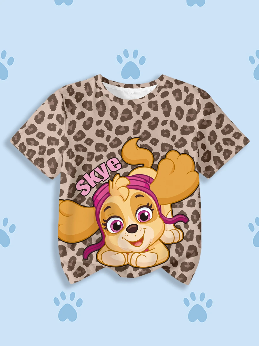 SHEIN | PAW Patrol Young Girl Letter & Leopard Print Short Sleeve Casual T-Shirt - White - View 1
