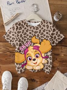 SHEIN | PAW Patrol Young Girl Letter & Leopard Print Short Sleeve Casual T-Shirt - White - View 8