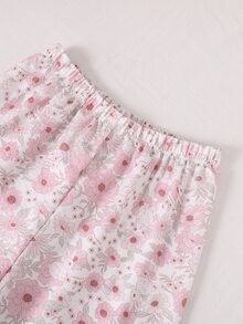 青少年女孩杏色底色蝴蝶結印花長袖開襟衫與長褲兩件套休閒舒適居家服 - 藕粉色 - 查看 6