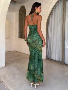 Aloruh Women's Spaghetti Strap Beaded Decor Leopard Print Fitted Dress Women's Dress Elegant Dresses For Party Elegant Dresses For Women - Green - View 3