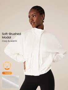 GLOWMODE Modal Fleece Warm Stretchy Relaxed Fit Cargo Long Sleeve Jacket With Side Pockets Daily Casual Winter - White - View 1