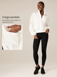 GLOWMODE Modal Fleece Warm Stretchy Relaxed Fit Cargo Long Sleeve Jacket With Side Pockets Daily Casual Winter - White - View 5