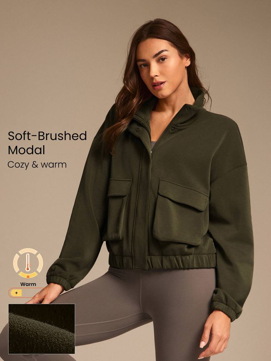 GLOWMODE Modal Fleece Warm Stretchy Relaxed Fit Cargo Long Sleeve Jacket With Side Pockets Daily Casual Winter - Army Green - View 1