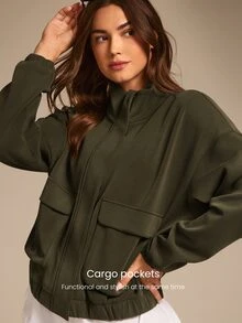 GLOWMODE Modal Fleece Warm Stretchy Relaxed Fit Cargo Long Sleeve Jacket With Side Pockets Daily Casual Winter - Army Green - View 5