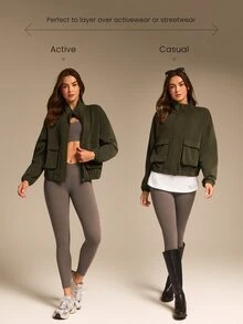 GLOWMODE Modal Fleece Warm Stretchy Relaxed Fit Cargo Long Sleeve Jacket With Side Pockets Daily Casual Winter - Army Green - View 7