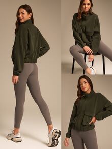 GLOWMODE Modal Fleece Warm Stretchy Relaxed Fit Cargo Long Sleeve Jacket With Side Pockets Daily Casual Winter - Army Green - View 8