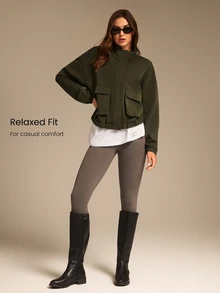 GLOWMODE Modal Fleece Warm Stretchy Relaxed Fit Cargo Long Sleeve Jacket With Side Pockets Daily Casual Winter - Army Green - View 4