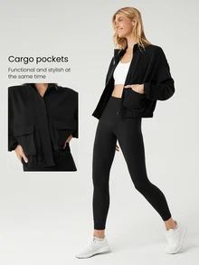 GLOWMODE Chaqueta cargo de ajuste relajado, cálida y elástica de modal con bolsillos laterales, de uso diario y casual para invierno - Negro - Ver 6