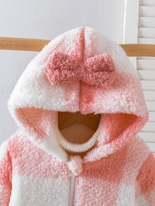 女嬰連帽抓絨外套可愛甜美粉白拼接格紋蝴蝶結裝飾長袖加厚毛絨面料冬季秋冬派對外套 - 彩色 - 查看 5