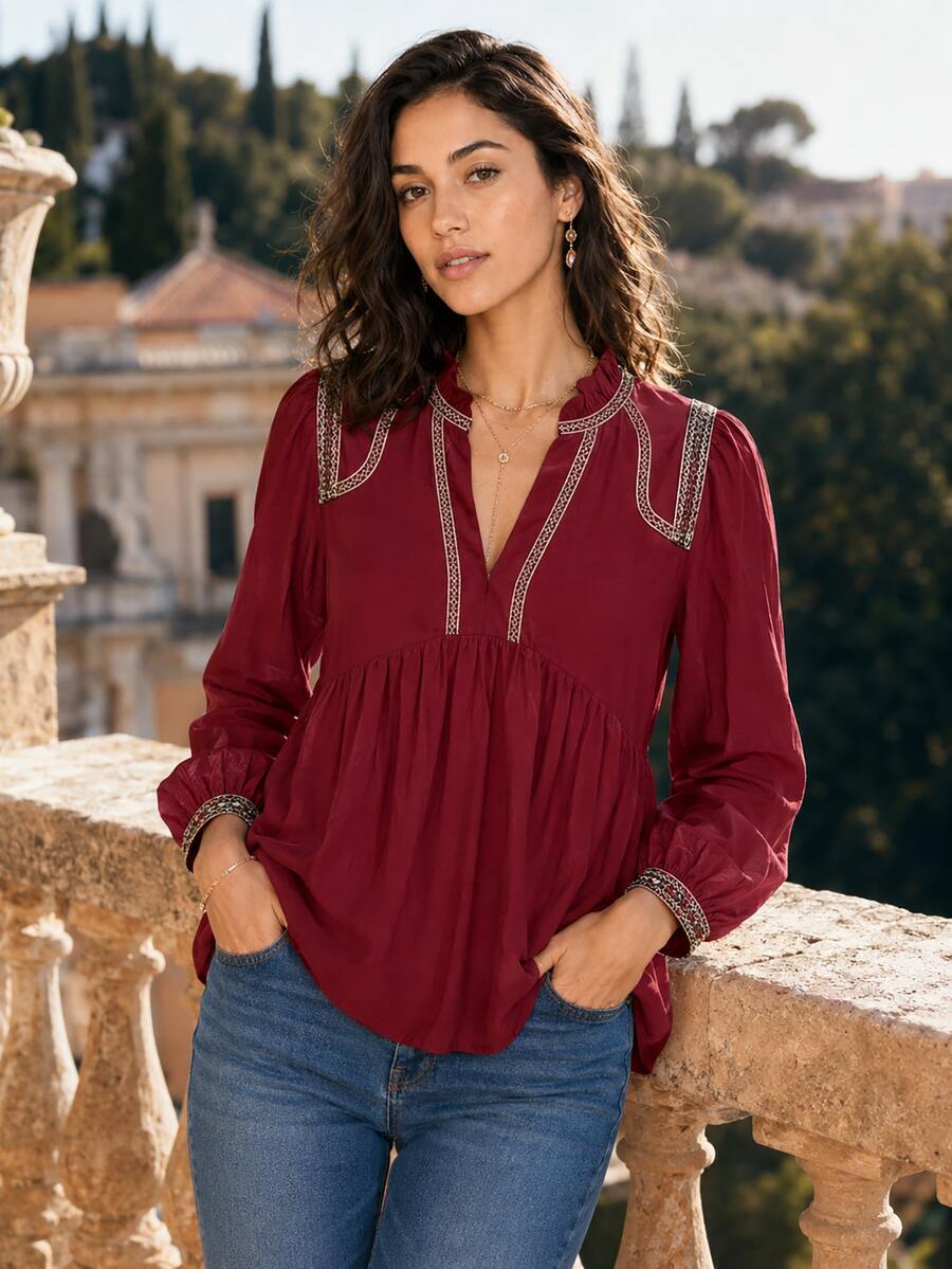 Dayvera Women's V-Neck Ruffle Trim Decor Autumn/ Burgundy Shirt Blouse, Ribbon Tape Edge Design, 3/4 Sleeve Cropped Loose Top Brunch Vacation Boho Elegant - Red - View 1