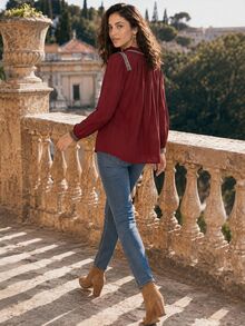 Dayvera Women's V-Neck Ruffle Trim Decor Autumn/ Burgundy Shirt Blouse, Ribbon Tape Edge Design, 3/4 Sleeve Cropped Loose Top Brunch Vacation Boho Elegant - Red - View 2