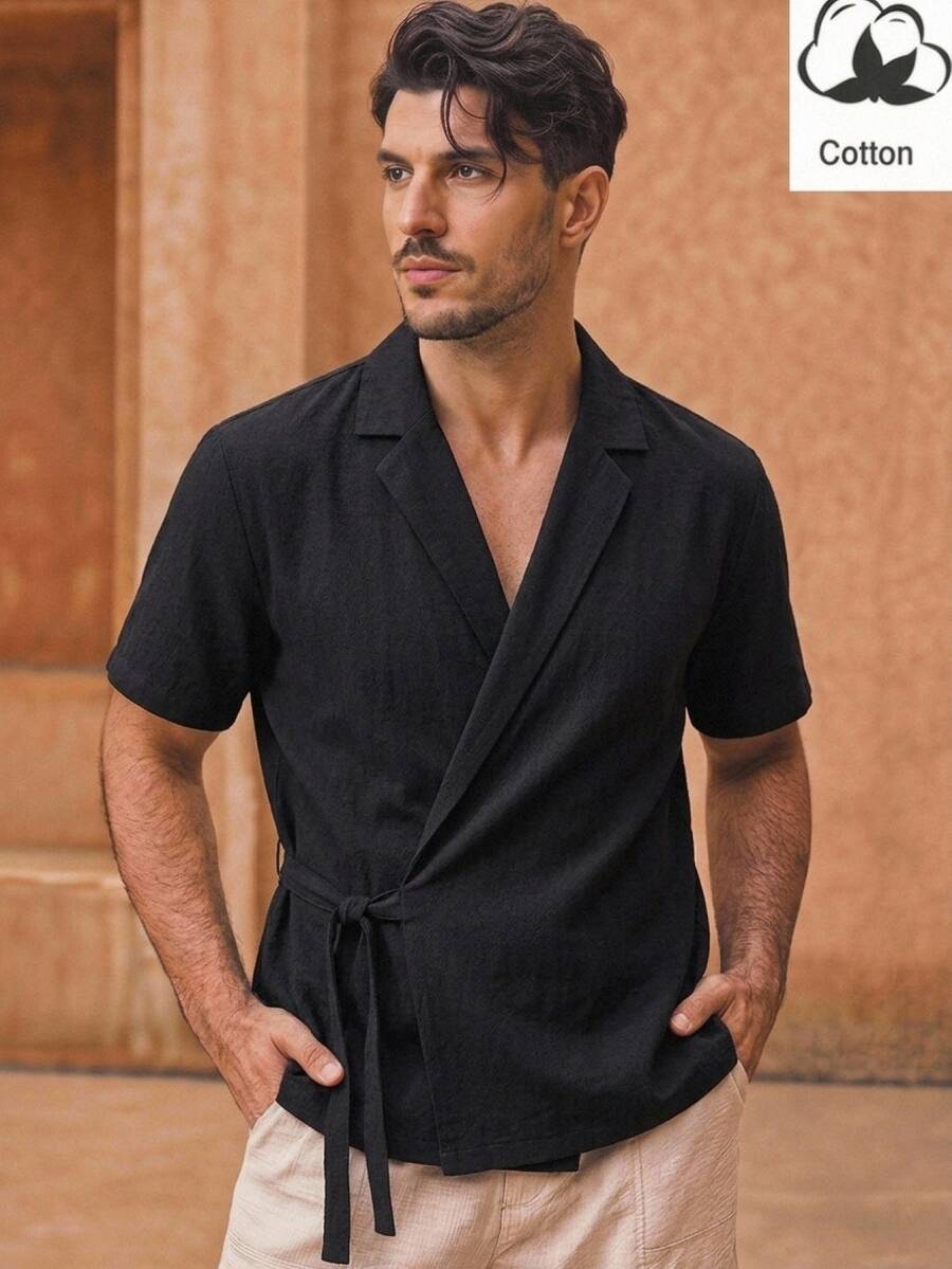 HIMLAND Men's Summer Casual Solid Color Tie-Front Shirt - Black - View 1