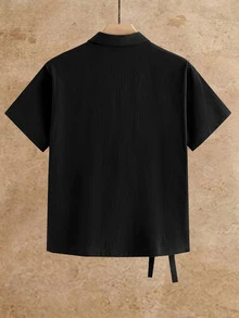 HIMLAND Men's Summer Casual Solid Color Tie-Front Shirt - Black - View 2