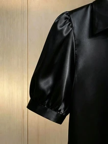 SHEIN 女款優雅純色緞面V領襯衫 辦公室穿搭 黑色 夏季 - 黑色 - 查看 6