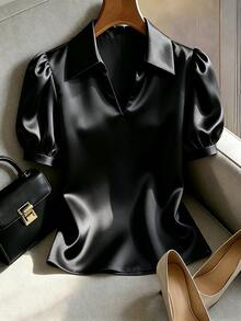 SHEIN 女款優雅純色緞面V領襯衫 辦公室穿搭 黑色 夏季 - 黑色 - 查看 3