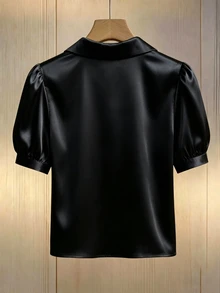 SHEIN 女款優雅純色緞面V領襯衫 辦公室穿搭 黑色 夏季 - 黑色 - 查看 2