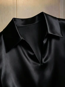 SHEIN 女款優雅純色緞面V領襯衫 辦公室穿搭 黑色 夏季 - 黑色 - 查看 5