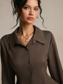 Poéselle 女款素色長袖單排扣休閒通勤襯衫 - 巧克力棕 - 查看 4