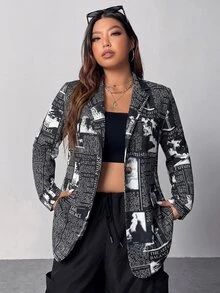 SHEIN EZwear Plus Size Newspaper Print Blazer Going Out Concert Black And White Summer Country Grunge 90s - Black - View 5
