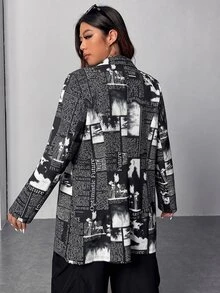 SHEIN EZwear Plus Size Newspaper Print Blazer Going Out Concert Black And White Summer Country Grunge 90s - Black - View 2