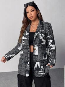 SHEIN EZwear Plus Size Newspaper Print Blazer Going Out Concert Black And White Summer Country Grunge 90s - Black - View 3