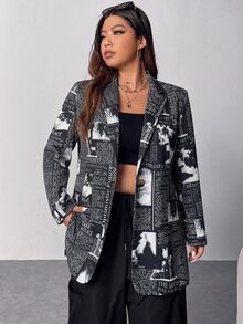 SHEIN EZwear Plus Size Newspaper Print Blazer Going Out Concert Black And White Summer Country Grunge 90s - Black - View 4