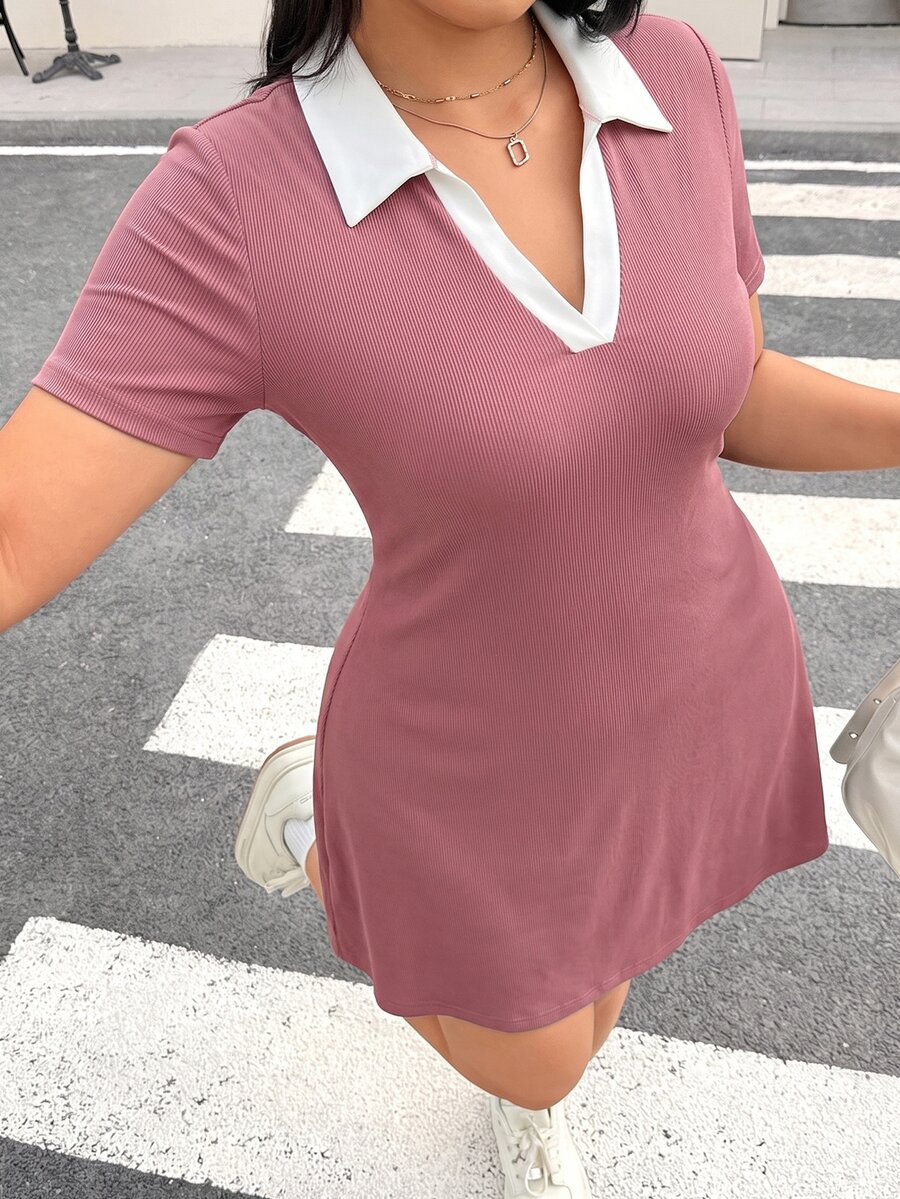 Muchica Plus Size Women's Colorblock Lapel Short Sleeve Casual Dress - Dusty Pink - View 1