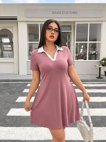 Muchica Plus Size Women's Colorblock Lapel Short Sleeve Casual Dress - Dusty Pink - View 5
