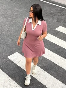 Muchica Plus Size Women's Colorblock Lapel Short Sleeve Casual Dress - Dusty Pink - View 3