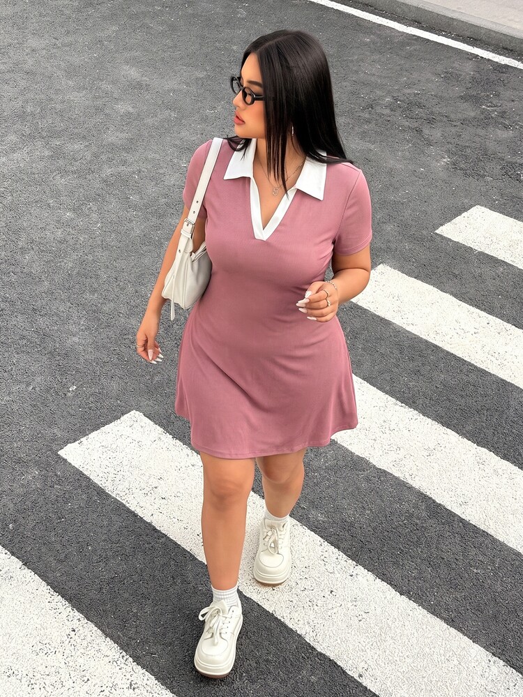 Muchica Plus Size Women's Colorblock Lapel Short Sleeve Casual Dress - Dusty Pink - View 3