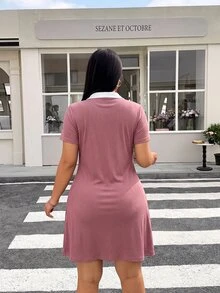 Muchica Plus Size Women's Colorblock Lapel Short Sleeve Casual Dress - Dusty Pink - View 2