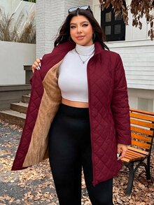 SHEIN EZwear 大尺碼保暖內裡加厚中長版冬季外套 - 酒紅色 - 查看 4