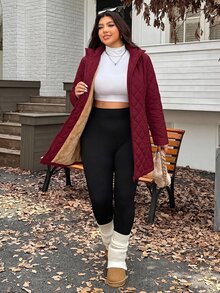 SHEIN EZwear 大尺碼保暖內裡加厚中長版冬季外套 - 酒紅色 - 查看 6