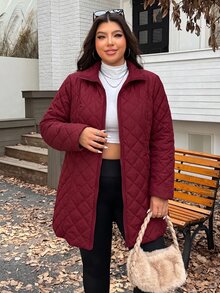 SHEIN EZwear 大尺碼保暖內裡加厚中長版冬季外套 - 酒紅色 - 查看 3