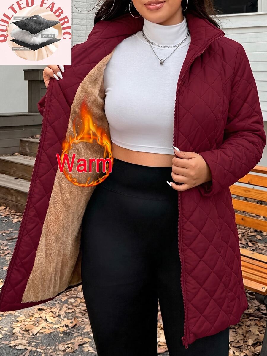 SHEIN EZwear Plus Size Thermal Lined Thick Mid-Length Coat For Winter - Burgundy - View 1